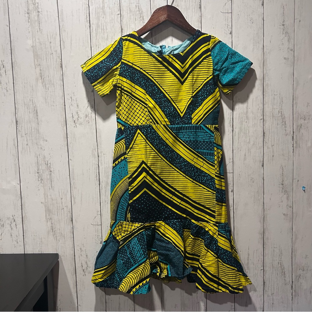 Handmade African Wax Dress Kids 7-8 Small Bright Yellow Teal Black Geometric